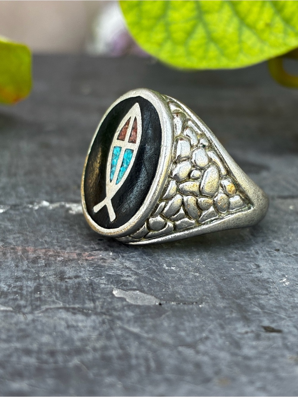 Sterling Silver Black Inlay Men's Fish Symbol Ring